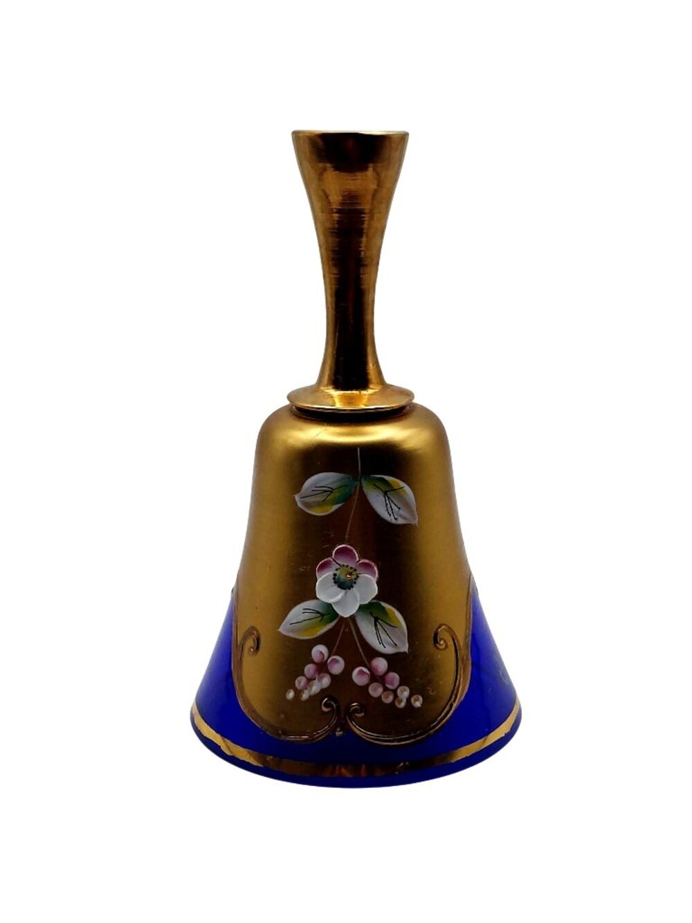 Bohemian Cobalt Blue Bell Glass Hand Painted Floral Enamel Gold Gilded Vintage